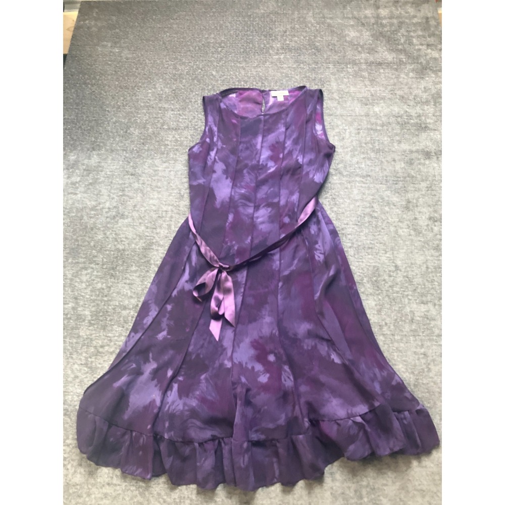 Dressbarn Slip Dress Women 12 Purple Floral Keyhole Back Sleeveless Ruffle Hem